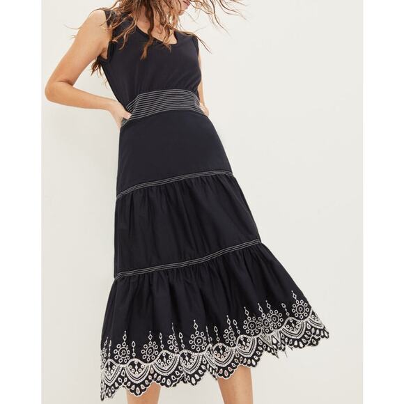 Veronica Beard Amaia Eyelet Midi Dress XS Navy Tiered Embroidered Floral Cotton - Picture 1 of 12